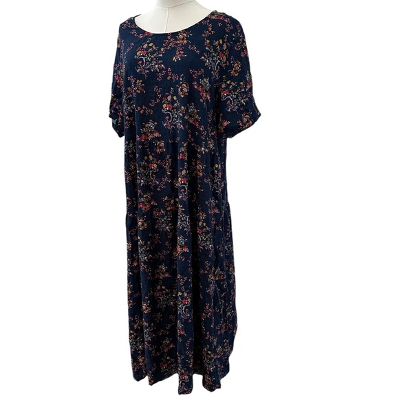 Women's 2X Blue Floral Casual Curvy Babydoll Midi PLUS Short Sleeve Cotton Dress - Picture 3 of 9